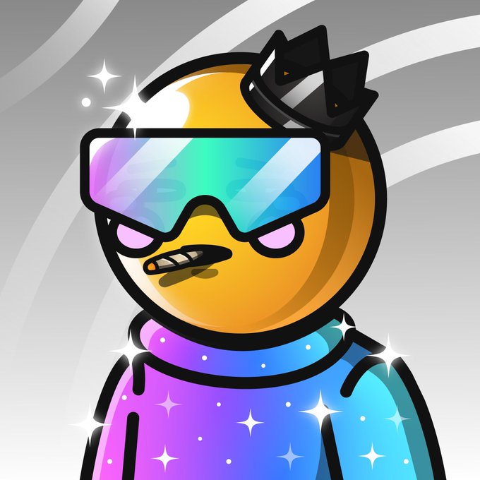 A cartoon emoji-style character wearing rainbow-gradient ski goggles with a small crown and a sparkly galaxy-print hoodie, matching the cosmic "Space Riders" theme referenced in the post. The image appears to be promotional artwork for the @SpaceRidersXYZ account.
