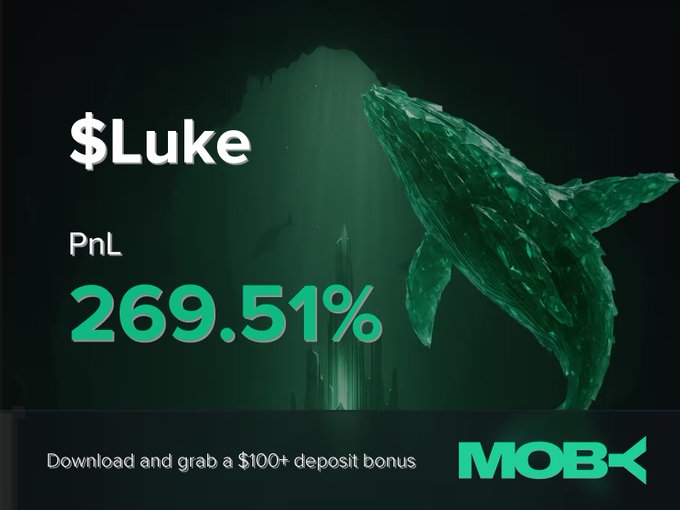 A promotional graphic for MOBX featuring an underwater scene with a large whale, displaying '$Luke' with a PnL of '269.51%' and text reading 'Download and grab a $100+ deposit bonus'.