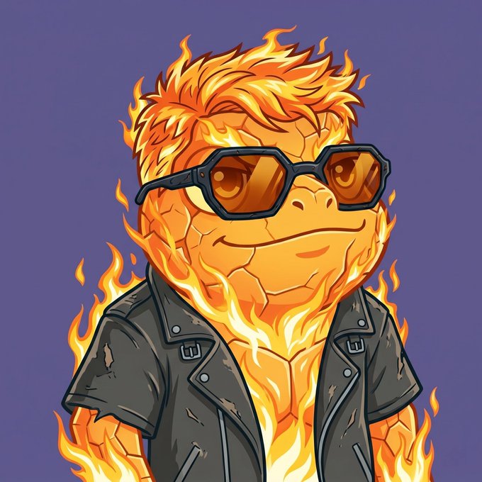 The image features a cartoon frog wearing sunglasses, a leather jacket with flames coming out of it, and a motorcycle helmet. The frog appears to be in a burning car or on fire, giving off an intense and fiery vibe. The background color is purple, which contrasts with the orange flames coming from the frog's jacket. The post includes text that reads "Grab new Opportunity 5x gtd 1x free mint (wl) 4444 on Eth Network". This suggests that there might be a sale or promotion related to the image, possibly for an online store or marketplace.