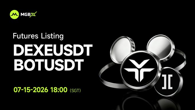 A promotional graphic for MGBX announcing new futures listings for DEXEUSDT and BOTUSDT perpetual futures, with trading opening July 15, 2026, at 18:00 (SGT), featuring silver coin-style icons of both cryptocurrencies against a black background.