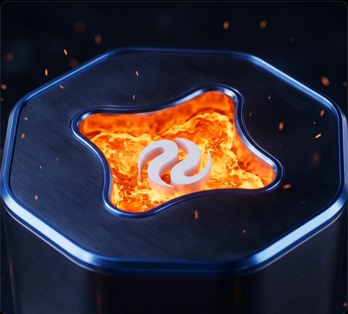 A stylized Injective logo rests over a fiery orange opening in a dark metallic platform. The image visually reinforces the accompanying $INJ buyback campaign—buy back and burn INJ to earn onchain stock rewards on Solana.