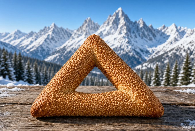 A triangular sesame-seed pastry (resembling hamantaschen or a similar filled cookie) sits on a weathered wooden surface, with a majestic snow-capped mountain range and evergreen trees visible under a clear blue sky in the background.