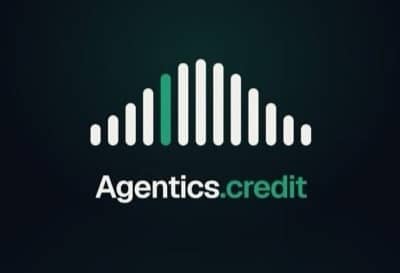 A logo for 'Agentics.credit' featuring a stylized bar/equalizer graphic with one green bar among gray ones on a dark background.