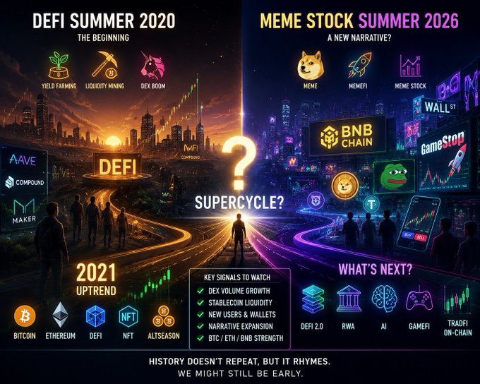 An infographic comparing 'DEFI SUMMER 2020 THE BEGINNING' with 'MEME STOCK SUMMER 2026 A NEW NARRATIVE?', asking 'SUPERCYCLE?' and noting 'HISTORY DOESN'T REPEAT, BUT IT RHYMES. WE MIGHT STILL BE EARLY.'