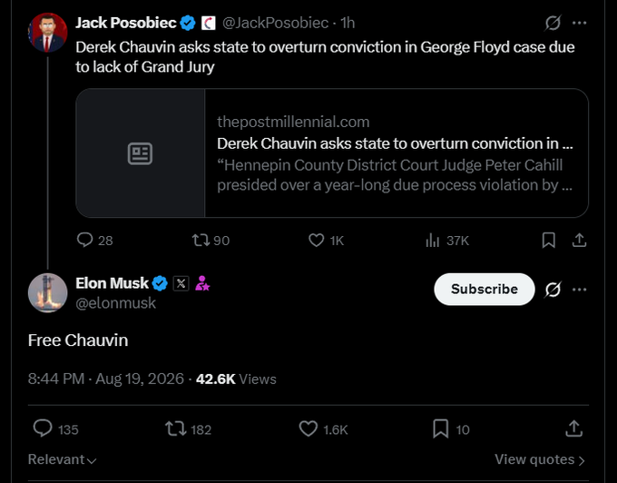 A screenshot of an X (Twitter) thread showing Jack Posobiec sharing a news article titled "Derek Chauvin asks state to overturn conviction in George Floyd case due to lack of Grand Jury," followed by Elon Musk's reply simply stating "Free Chauvin."