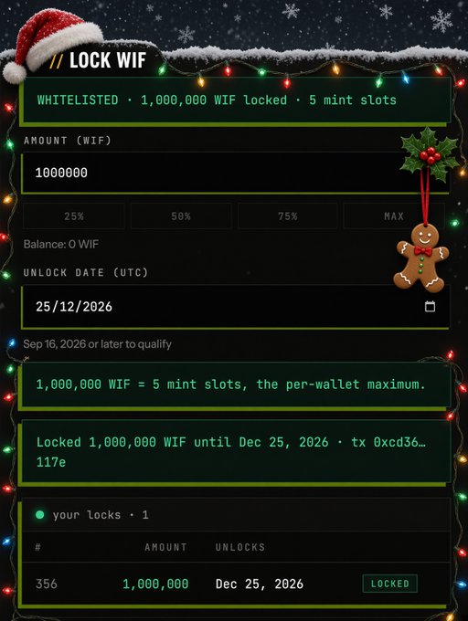A festive screenshot of the "// LOCK WIF" platform showing 1,000,000 WIF tokens locked until Dec 25, 2026, with a transaction hash (0xcd36...117e) confirming lock #356, matching the post's announcement of a 1M WIF Christmas lock that contributes to the user's 3M total for 15 NFT whitelist spots.