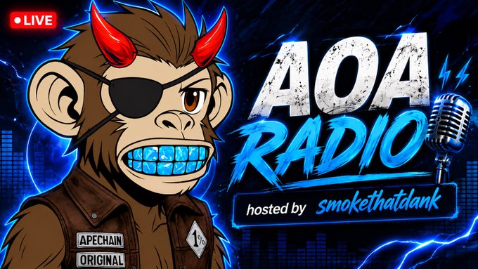 A promotional graphic for 'AOA RADIO' hosted by smokethatdank, featuring a cartoon ape character with red devil horns, an eye patch, diamond-encrusted teeth, and an APECHAIN ORIGINAL 1% jacket patch.