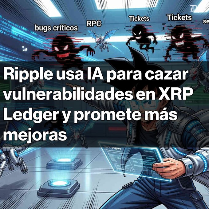 The image features a cartoon illustration of a man holding a tablet computer, with a caption that reads "Ripple usa IA para mejorar la seguridad de XRP Ledger! Se han reportado 287 vulnerabilityes en GitHub!. The main character is shown in front of a computer screen displaying the vulnerabilities.