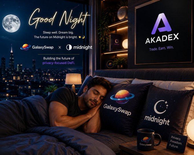 A promotional 'Good Night' graphic features a man sleeping next to GalaxySwap and midnight branded pillows, with text reading 'Building the future of privacy-focused DeFi' and the 'AKADEX' logo.