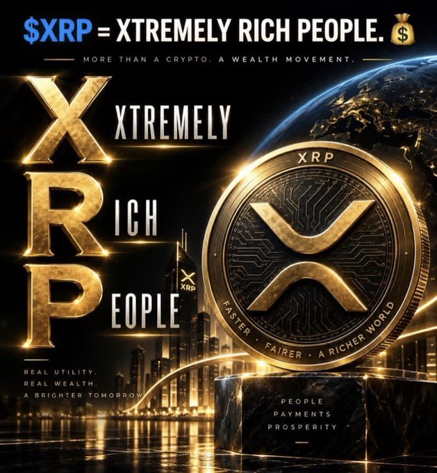A promotional graphic for XRP cryptocurrency with the text '$XRP = XTREMELY RICH PEOPLE' and 'MORE THAN A CRYPTO. A WEALTH MOVEMENT,' featuring a large golden XRP coin against a nighttime city skyline.