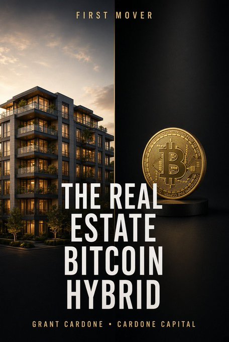 A promotional graphic for Cardone Capital's "Real Estate Bitcoin Hybrid" investment opportunity, featuring a modern apartment building on the left and a large golden Bitcoin coin on the right, with the headline "THE REAL ESTATE BITCOIN HYBRID" and branding from Grant Cardone and Cardone Capital under the "First Mover" banner. The image visually represents the post's concept of merging luxury real estate with Bitcoin to create a new investment vehicle offering 8% preferred returns with a $1M minimum and targeted 19% ARR.