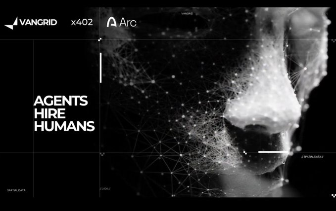 A futuristic black-and-white graphic featuring 'VANGRID' and 'Arc' logos, depicting a human profile overlaid with a neural network pattern and the text 'AGENTS HIRE HUMANS'.