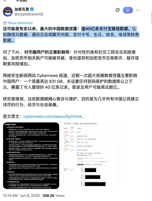 Screenshot of a Chinese-language X/Twitter post by @cryptobraveHQ about a massive 4 billion record Chinese data breach of WeChat and Alipay data, with 328.2K views, referencing a Cybernews report.
