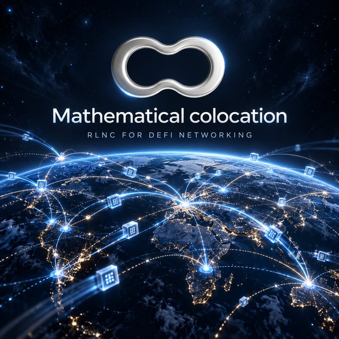 Promotional graphic for 'Mathematical colocation - RLNC FOR DEFI NETWORKING' showing a silver infinity-like logo above an illuminated Earth with network connections between nodes.