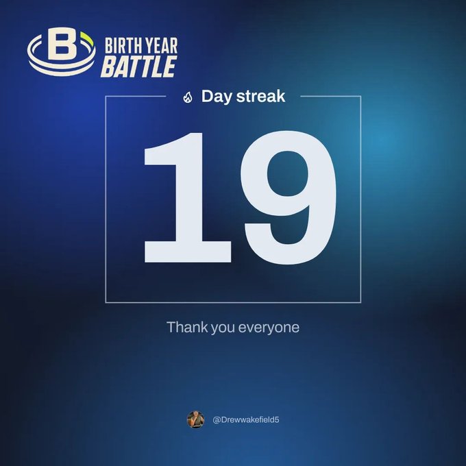 A 'Birth Year Battle' graphic showing a '19 Day streak' with the number 19 in large white text and the handle '@Drewwakefield5' at the bottom.