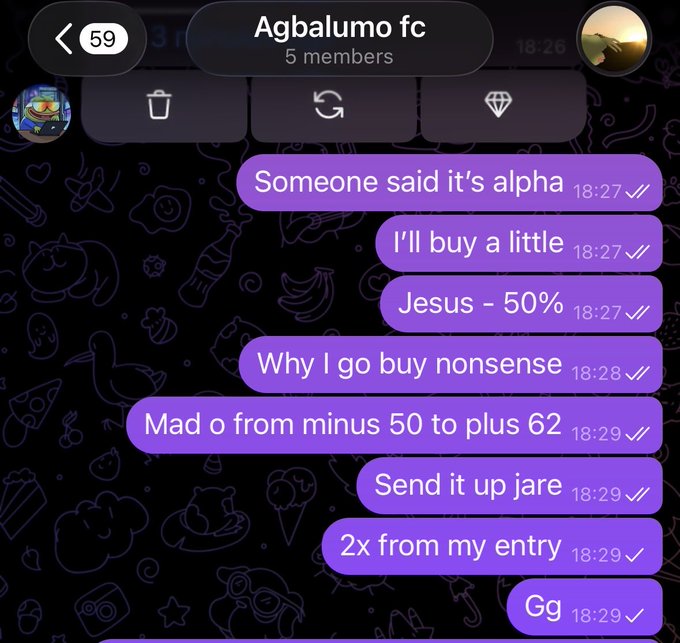 A screenshot of a Telegram group chat titled 'Agbalumo fc' with 5 members, showing messages about trading including 'Someone said it's alpha', 'I'll buy a little', 'Jesus - 50%', 'Why I go buy nonsense', 'Mad o from minus 50 to plus 62', 'Send it up jare', '2x from my entry', and 'Gg'.