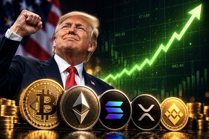 A composite image shows Donald Trump with a raised fist alongside Bitcoin, Ethereum, Solana, XRP, and Binance Coin, with an American flag and a green rising stock chart in the background.