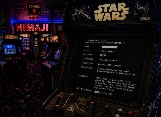 An arcade scene featuring a Star Wars Sega cabinet displaying a Cyberpunk File entry with name 'Relraiser', alias 'Relraiser', and business details, alongside other machines and a 'HIMAJI' neon sign.