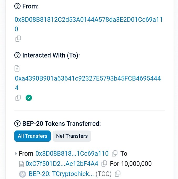 A BscScan transaction screenshot showing 10,000,000 BEP-20 TCC (TCryptochick) tokens transferred from address 0x8D08B8...1Cc69a110 to address 0xa4390B...695444, confirming the post's claim of 10M $TCC (~60K) being sent to Giggle Academy to fund free education.
