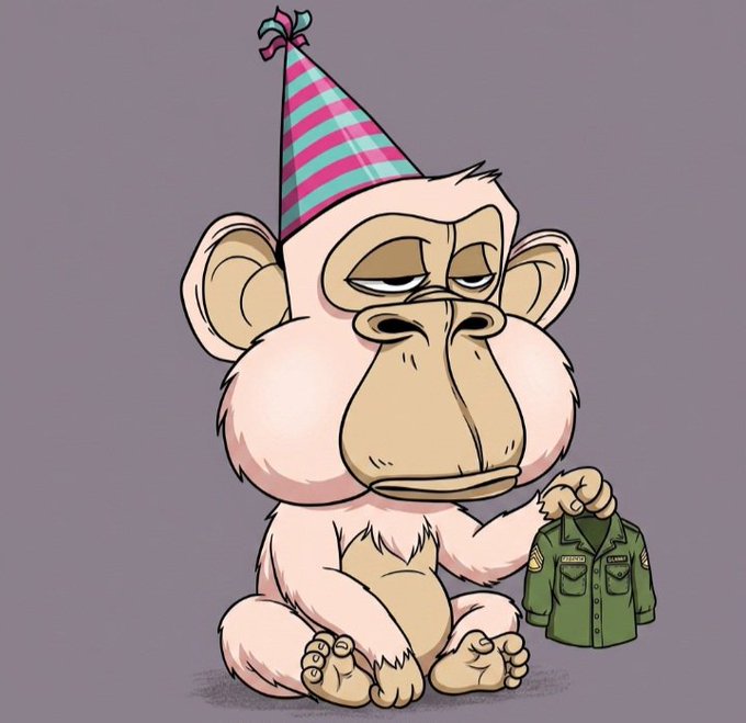 A cartoon illustration features a monkey wearing a pink and green striped party hat while holding a miniature military-style green shirt.