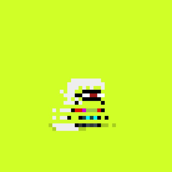 A pixel art illustration featuring a small character with white hair on a bright neon green background, with colorful pixelated details.