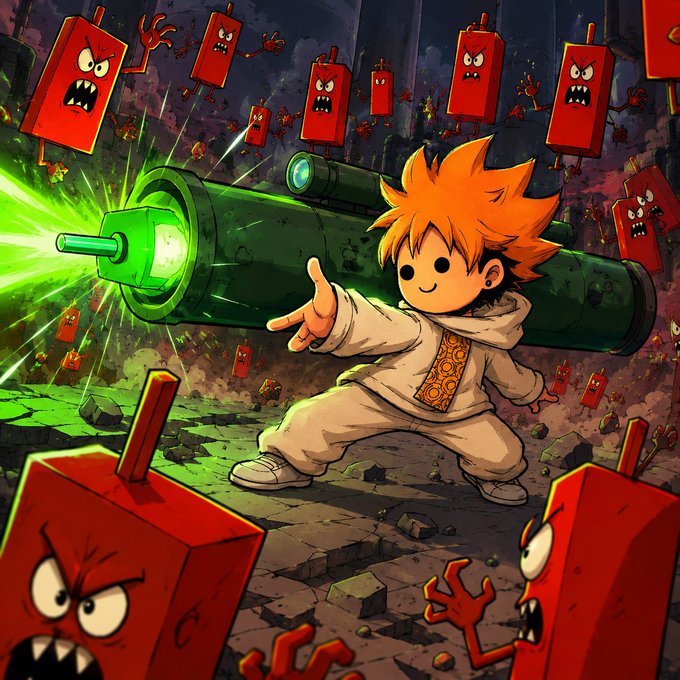 Anime-style artwork of a character with orange spiky hair and white outfit wielding a large green energy cannon, surrounded by angry red box-like monsters with sharp teeth.