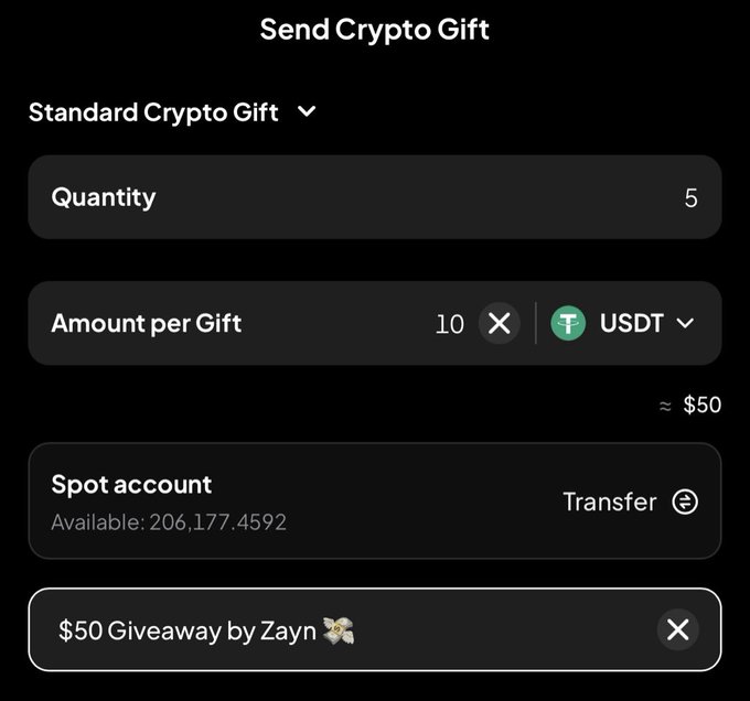 The image shows a "Send Crypto Gift" interface on what appears to be Binance, set up to send 5 gifts of 10 USDT each (approximately $50 total) labeled "$50 Giveaway by Zayn," which is the crypto giveaway being announced in the post for the selected winners.
