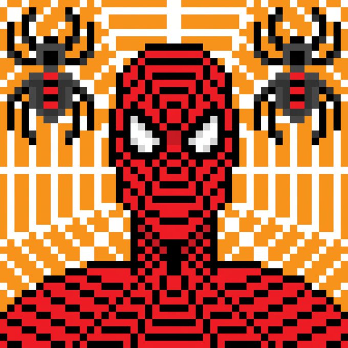 A pixel art image featuring a red masked figure, resembling Spider-Man, standing in front of a web with two spider symbols on either side.