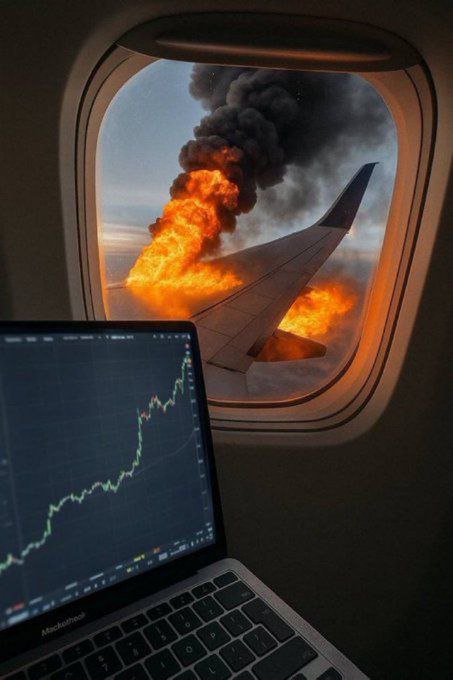 The image shows a laptop with its screen open, displaying a graph or chart. Nearby, there's an airplane flying through a window, which could potentially be a jetliner or a plane used for transport. The image contains some text that says "Heading downtown and still monitoring my charts". It seems like the person sitting next to the laptop is managing their work while being in transit by keeping track of their chart on the computer screen.