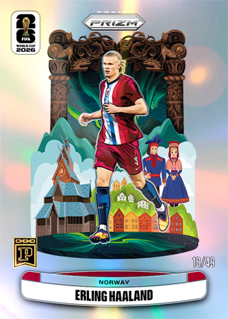 A Panini Prizm FIFA 2026 trading card featuring Norwegian striker Erling Haaland (#15/49) in a maroon and light blue kit, with Panini Blockchain branding at the top indicating it's from the user's first blockchain-based card purchase.