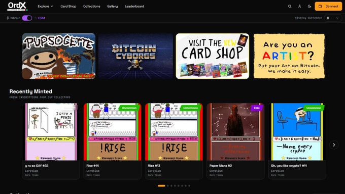 Screenshot of the OrdX platform homepage showing a dark-themed dashboard with banners for 'PUPSOGUTS', 'BITCOIN CYBORG', 'Visit the NFT Card Shop', and 'Are you an ARTIST?', along with a 'Recently Minted' section featuring collections like 'GRIP', 'RISE #96', 'RISE #55', and 'Paper Mache'.