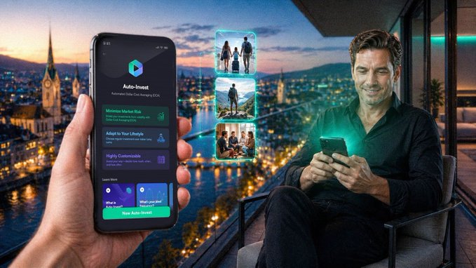 A hand holds a smartphone displaying an "Auto-Invest" app with strategies like "Monsters Market Risk" and "Highly Customizable," while a man smiles at his phone on a balcony overlooking a nighttime city view.