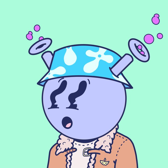 A cartoon illustration of a purple character with closed eyes wearing a blue and white helmet and an orange jacket against a mint green background.