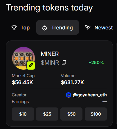 A cryptocurrency app screenshot shows trending tokens with a token called MINER ($MINR) up 250%, displaying a market cap of $56.45K and volume of $631.27K, created by @goyabean_eth.