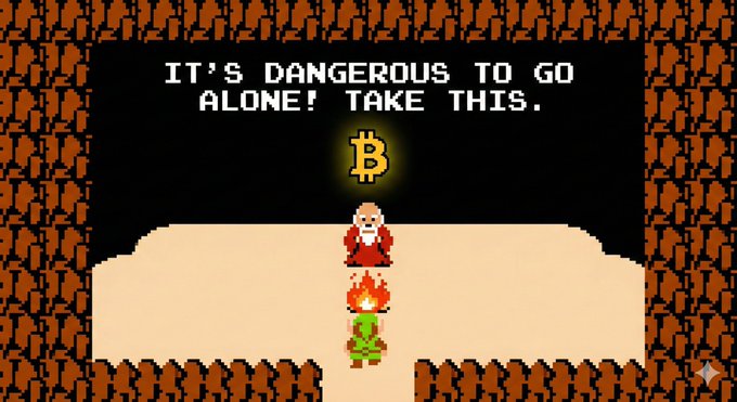 A pixel-art parody of the classic Zelda scene shows an old man offering a Bitcoin symbol to the player, accompanied by the iconic text "IT'S DANGEROUS TO GO ALONE! TAKE THIS." The image humorously ties the video game warning to the post's message about needing Bitcoin as protection against unlimited money printing.