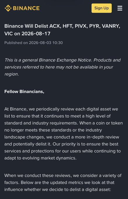A Binance announcement stating 'Binance Will Delist ACX, HFT, PIVX, PYR, VANRY, VIC on 2026-08-17', published on 2026-08-03 10:30, addressing fellow Binancians about their periodic review process for digital assets.