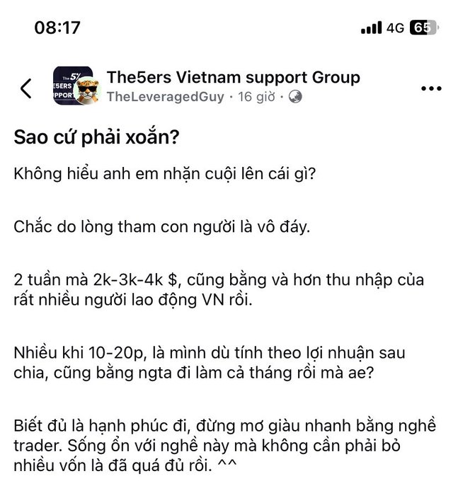 A screenshot of a Facebook post from 'The5ers Vietnam support Group' discussing trading profits in Vietnamese, with text questioning why people rush to make money.