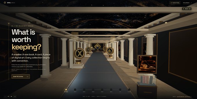 Screenshot of a website titled 'What is worth keeping?' featuring '01 // THE COLLECTOR'S ARCHIVE' with descriptive text about digital art collections and an 'Enter the archive' button, set in a museum-like virtual gallery hall.