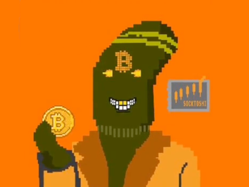 A pixel-art illustration of a green-skinned character in a beanie holding a Bitcoin coin, featuring a Bitcoin symbol on its forehead and an orange background.