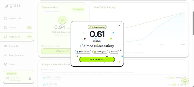 A 'grass' dashboard showing an allocation pop-up that reads 'Adding Allocation', '0.61 USDC Claimed Successfully' worth ~$0.69 network, with a 'VIEW IN WALLET' button.