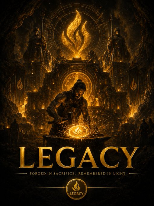 A dark, fiery fantasy poster featuring a blacksmith forging a glowing emblem, with the large gold text "LEGACY" and the tagline "FORGED IN SACRIFICE, REMEMBERED IN LIGHT."
