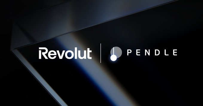 The image features a logo for Revolut Penderle, which is a fintech company based in Europe. The logo consists of a white circle with a black dot inside, surrounded by a dark background. Below the logo, there's text that reads "Revolut Penderle" and "PENDLE", indicating the name of the company and its partnership with Pendle. Additionally, there is a reference to the post about Pendle on @Revolut, which suggests that the image might be related to the Revolut Penderle logo or partnership.