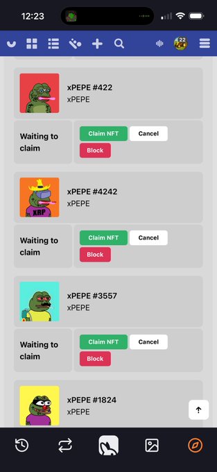 A mobile app screenshot displaying a list of 'xPEPE' NFT collectibles (including items #422, #4242, #3557, #1824) with 'Waiting to claim' status and green 'Claim NFT', white 'Cancel', and red 'Block' buttons.
