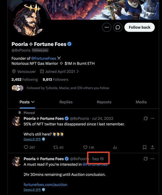 A screenshot of the Twitter/X profile of "Pooria ✦ Fortune Foes" (@0xPooria), highlighting a September 19 post about a Fortune Foes auction, which relates to the post's warning about untrustworthy NFT founders. The profile shows the user is the founder of @FortuneFoes, located in Vancouver, with 8,613 followers, and is labeled a "Notorious NFT Gas Warrior" with "$1M in Burnt ETH."