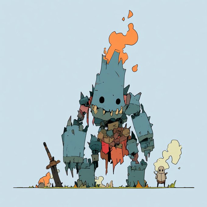 An illustration of a large, spiky blue-grey golem-like monster with an orange flame on its head and a sword in the ground, standing next to a small cloud-like character.