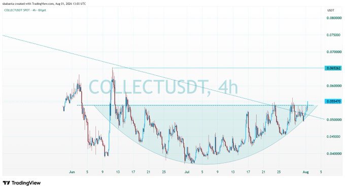 A TradingView candlestick chart for the "COLLECTUSDT" trading pair on a 4-hour timeframe, showing price consolidation within a symmetrical triangle pattern between roughly 0.045000 and 0.060000 USDT, dated August 2024.