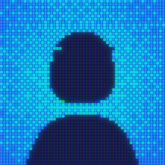 A pixelated blue avatar silhouette with a dark hooded figure extending into a circular base, stylized in low-resolution portrait style—evoking the anonymous, uniform "gm" ("good morning") greeting commonly shared by crypto community members.