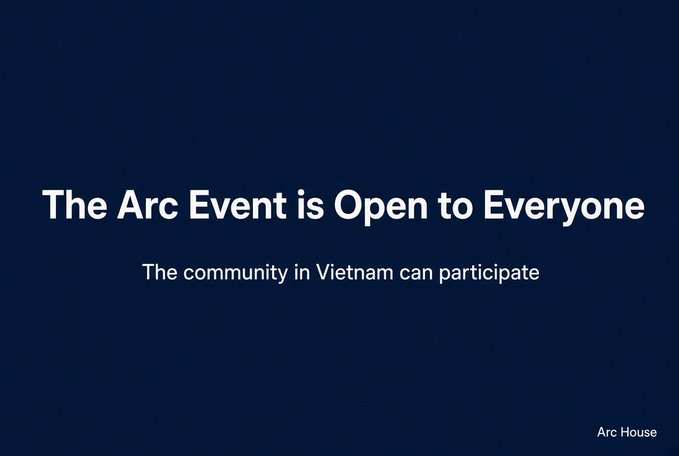 Dark blue slide titled 'The Arc Event is Open to Everyone,' with subtext 'The community in Vietnam can participate' and branded 'Arc House' in the corner.