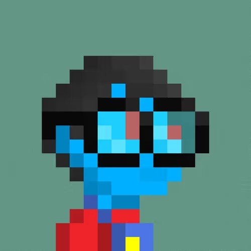 A pixel art character with blue skin, red and pink facial details, and a black helmet-like hairstyle stands against a teal background.