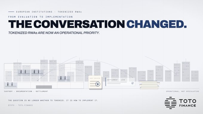 A slide from Toto Finance titled 'THE CONVERSATION CHANGED' discussing tokenized RWAs transitioning from evaluation to implementation, noting 'TOKENIZED RWAs ARE NOW AN OPERATIONAL PRIORITY.'
